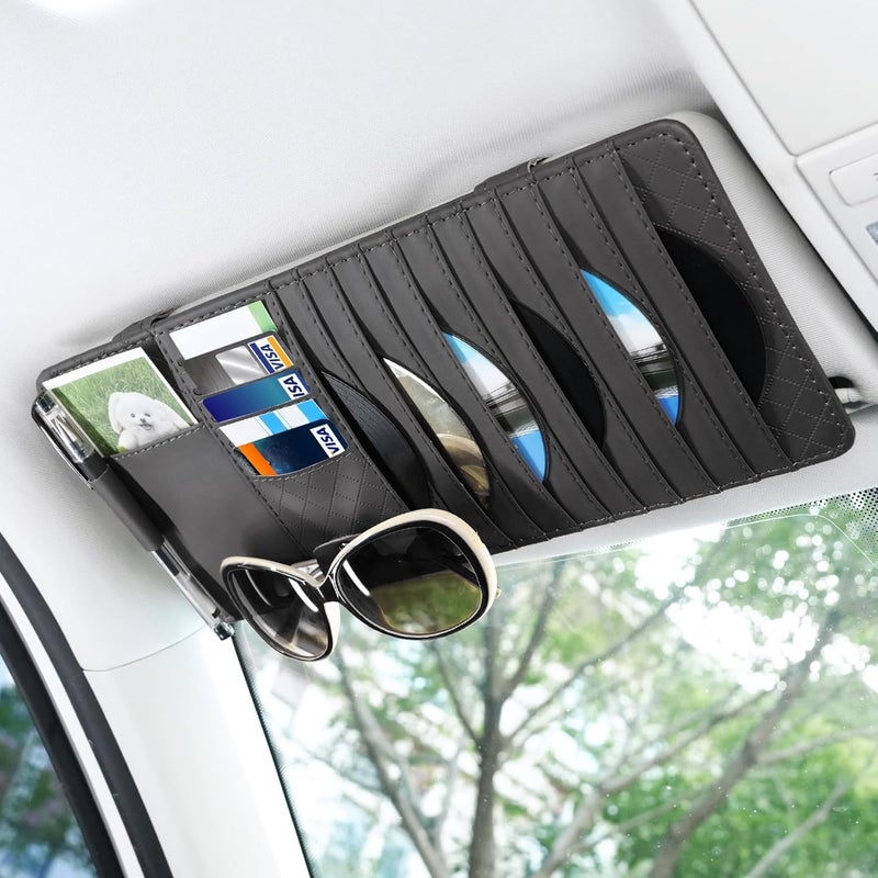 alpmosn Sun Visor CD Case Holder for Car - Multi-Function Visor Organizer with CD/DVD Storage, Eyeglass Clip, Card Slots & Pen Holder, Durable Leather Car Accessories (Black) - Image 1
